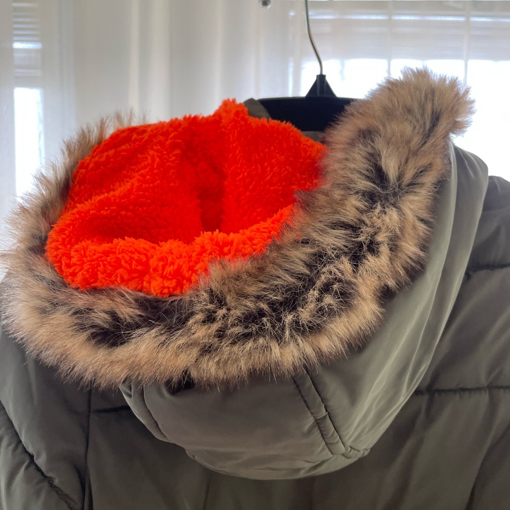 Olive green with orange detail puffy jacket, Size 8